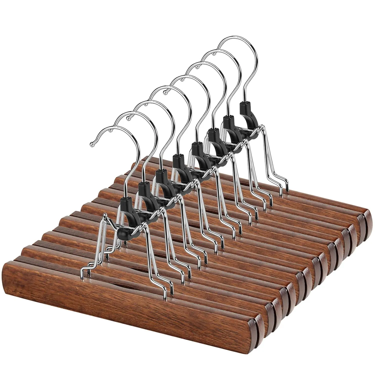 12 Pack Wooden Pants Hangers With Clips Non Slip Skirt Hangers Walnut Trouser Cl