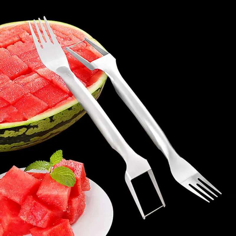 2 In 1 Watermelon Fork Slicer Multi-purpose Stainless Steel Watermelon Slicer Cutter Kitchen Fruit Cutting Fork Fruit Divider Kitchen Gadgets