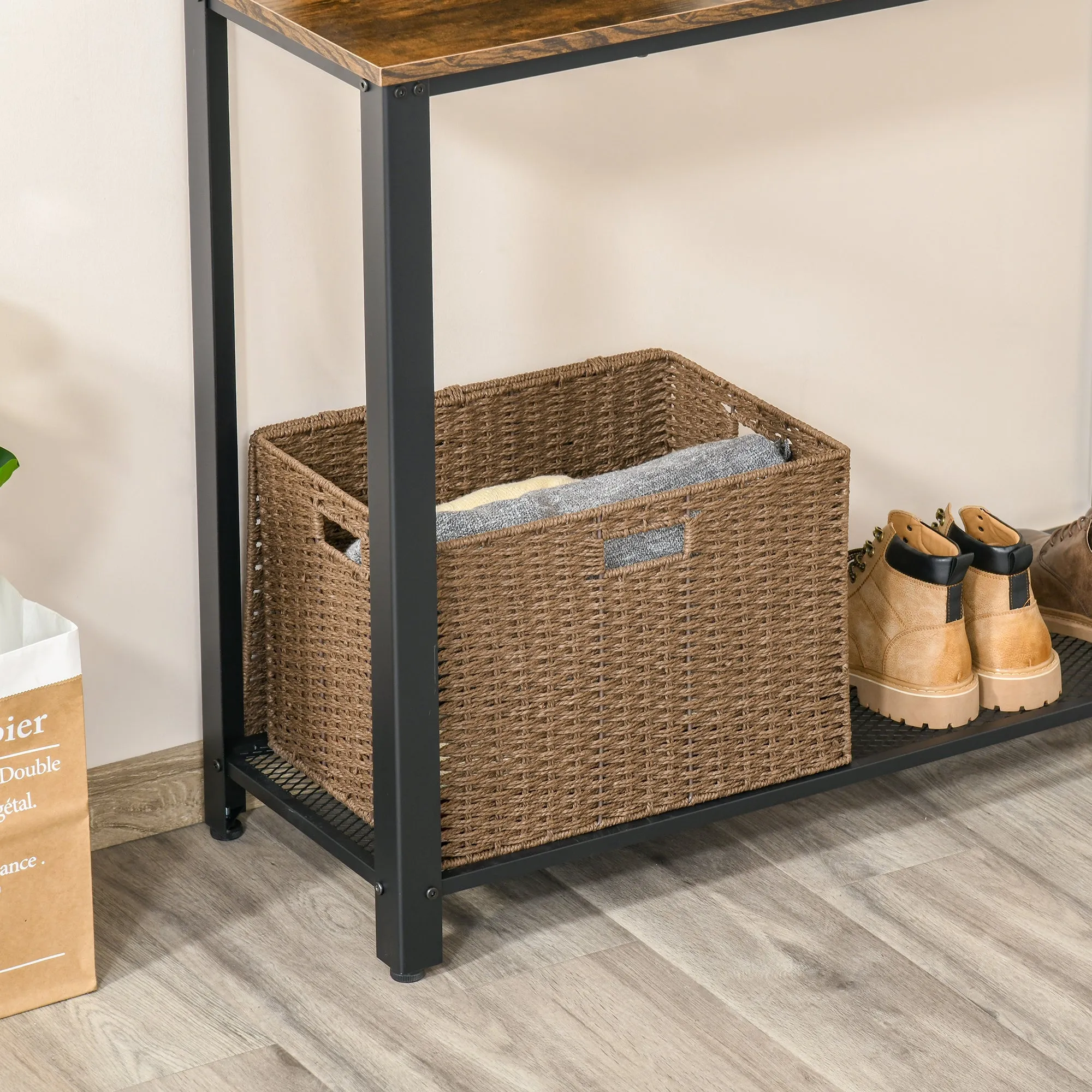 2-Tier Console Table Side/End Table w/ Bottom Mesh Shelf Rectangular Adjustable Feet For Living Room Entryway Hallway Brown Black