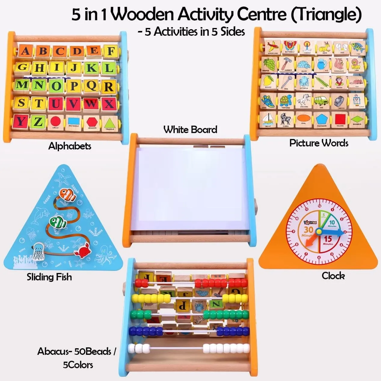 5 in 1 Wooden Activity Centre Triangle Toy | Alphabet, Blocks, Abacus, Clock, Writing | Toys for Babies Montessori Learning Toy for 1-5 Year Kids