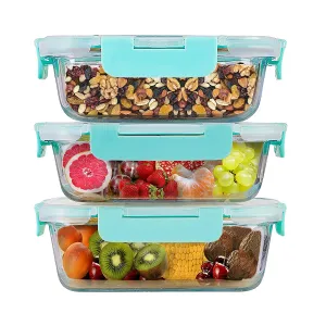 Amazon Brand - Solimo Multipurpose Glass Containers/Lunch Boxes for Office with Break-Free, Detachable Locks, Airtight, Leakproof, Microwave-Safe, Freezer-Safe, Set of 3, Rectangle (1,500 ml Each)