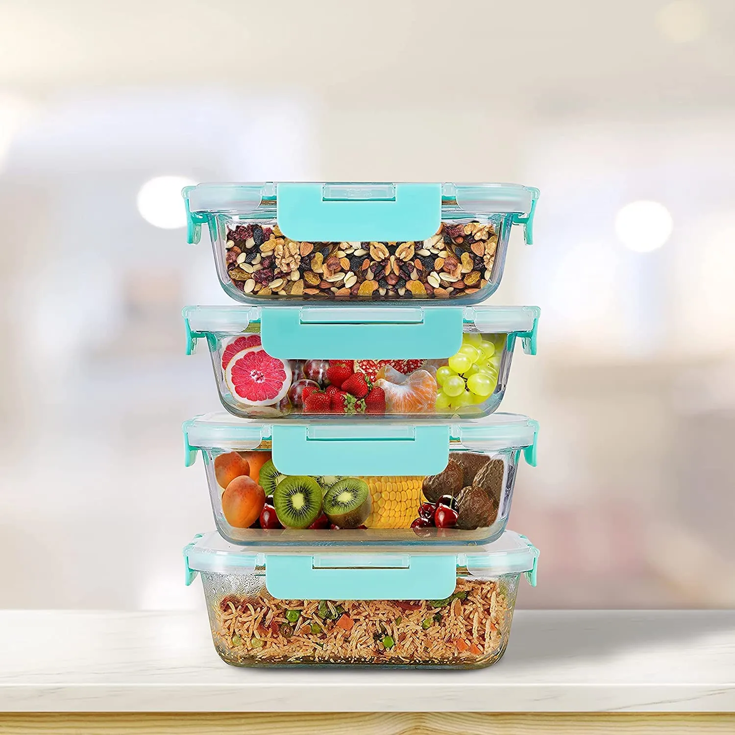 Amazon Brand - Solimo Multipurpose Glass Containers/Lunch Boxes for Office with Break-Free, Detachable Locks, Airtight, Leakproof, Microwave-Safe, Freezer-Safe, Set of 4, Rectangle (1,000 ml Each)