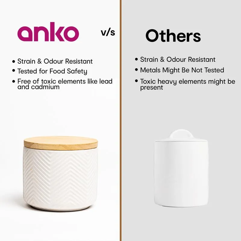 Anko 300ml Stoneware Ceramic Jars for Kitchen Storage | Airtight Container Set for Kitchen with Rubberwood Lid & Silicone Ring | Kitchen Container for Snacks, Tea, Sugar | White | Set of 2