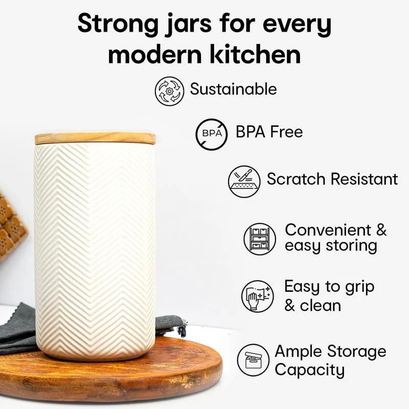 Anko 600Ml Stoneware Ceramic Jars For Kitchen Storage | Airtight Container Set For Kitchen With Rubberwood Lid & Silicone Ring | Kitchen Container For Snacks, Tea, Sugar | White | Set Of 2, Beige