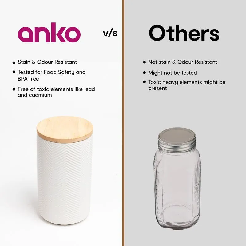 Anko 600Ml Stoneware Ceramic Jars For Kitchen Storage | Airtight Container Set For Kitchen With Rubberwood Lid & Silicone Ring | Kitchen Container For Snacks, Tea, Sugar | White | Set Of 2, Beige