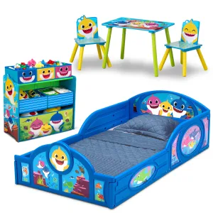 Baby Shark 5-Piece Toddler Bedroom Set - Includes Toddler Bed, Table with 2 Chairs and 6 Bin Design and Store Toy Organizer