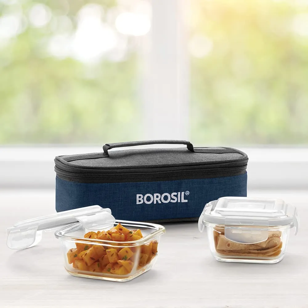 Borosil Elite Borosilicate Glass Lunch Box - Set of 2, 320 ml, Horizontal, Break and Chip Resistant, Microwave Safe Office Tiffin