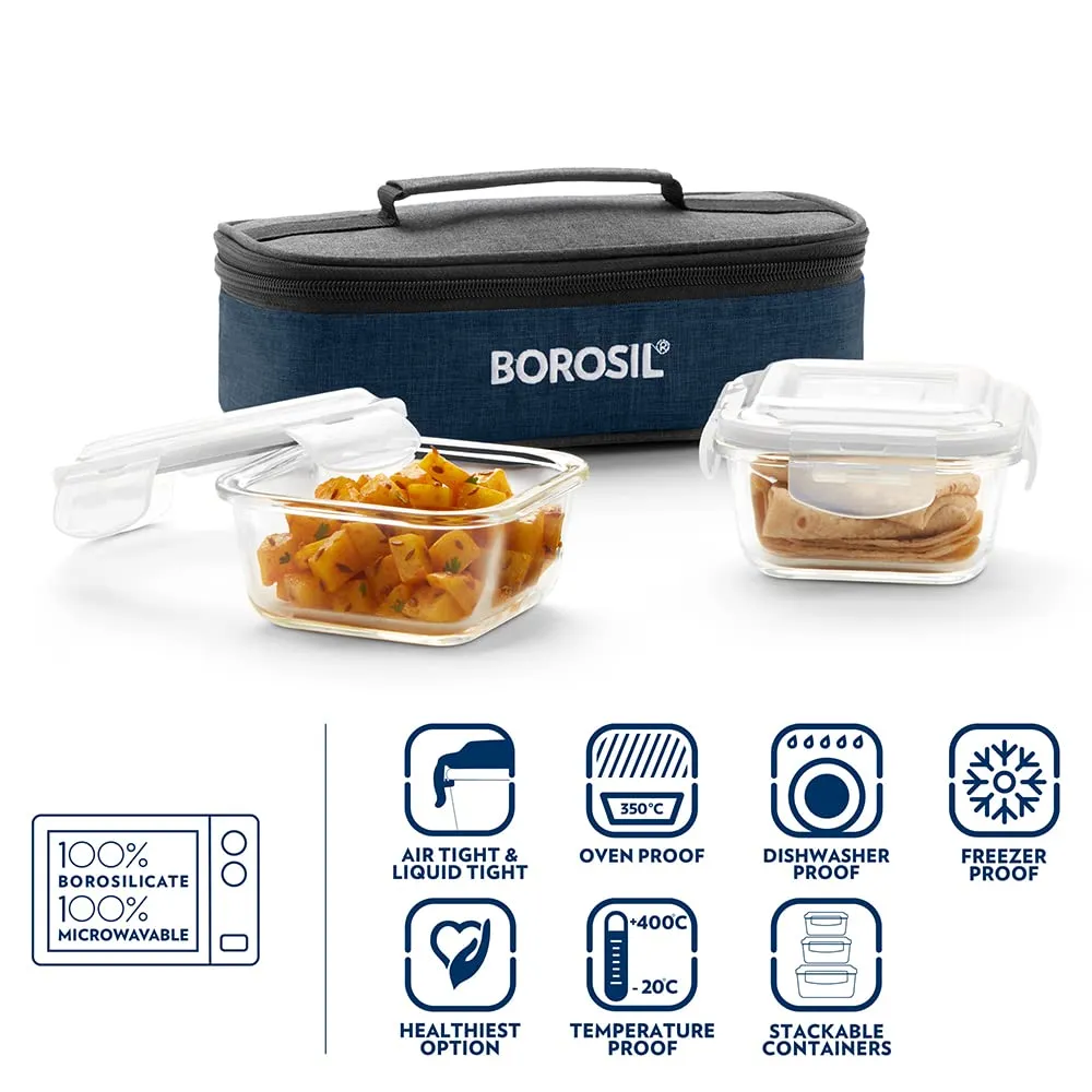 Borosil Elite Borosilicate Glass Lunch Box - Set of 2, 320 ml, Horizontal, Break and Chip Resistant, Microwave Safe Office Tiffin