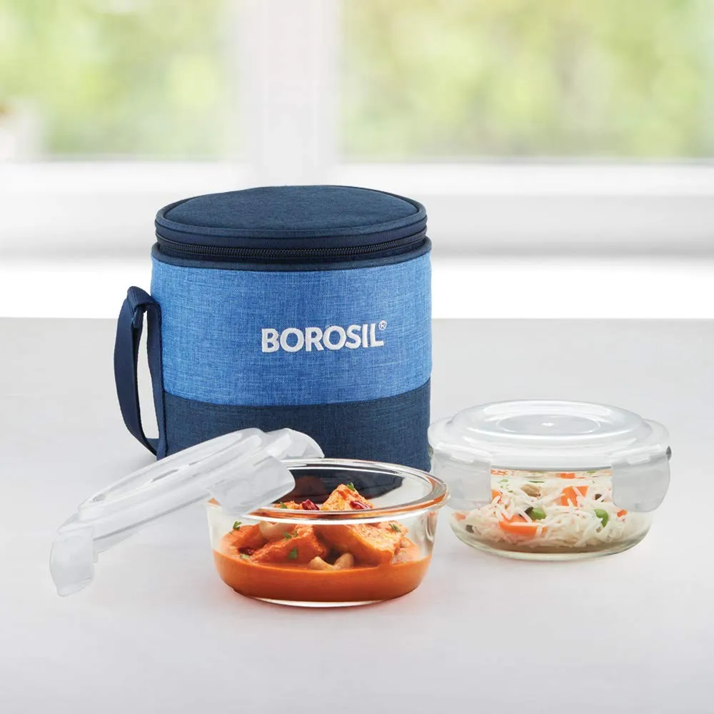 Borosil Prime Glass Lunch Box Set of 2, 400 Ml, Round, Microwave Safe office Tiffin, Blue, Transparent