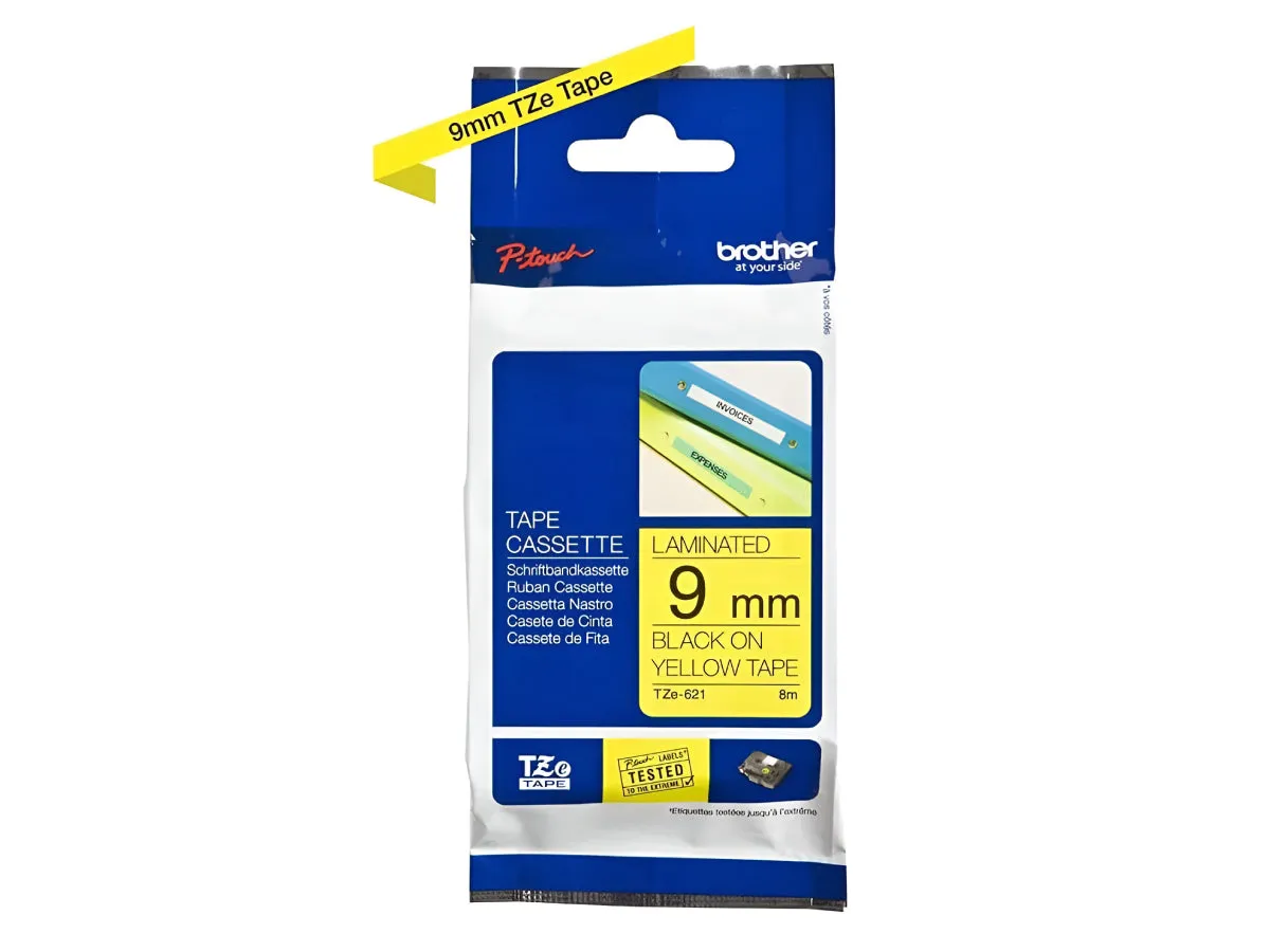 Brother P-touch 9mm TZe-621 Laminated Tape, 8m, Black on Yellow