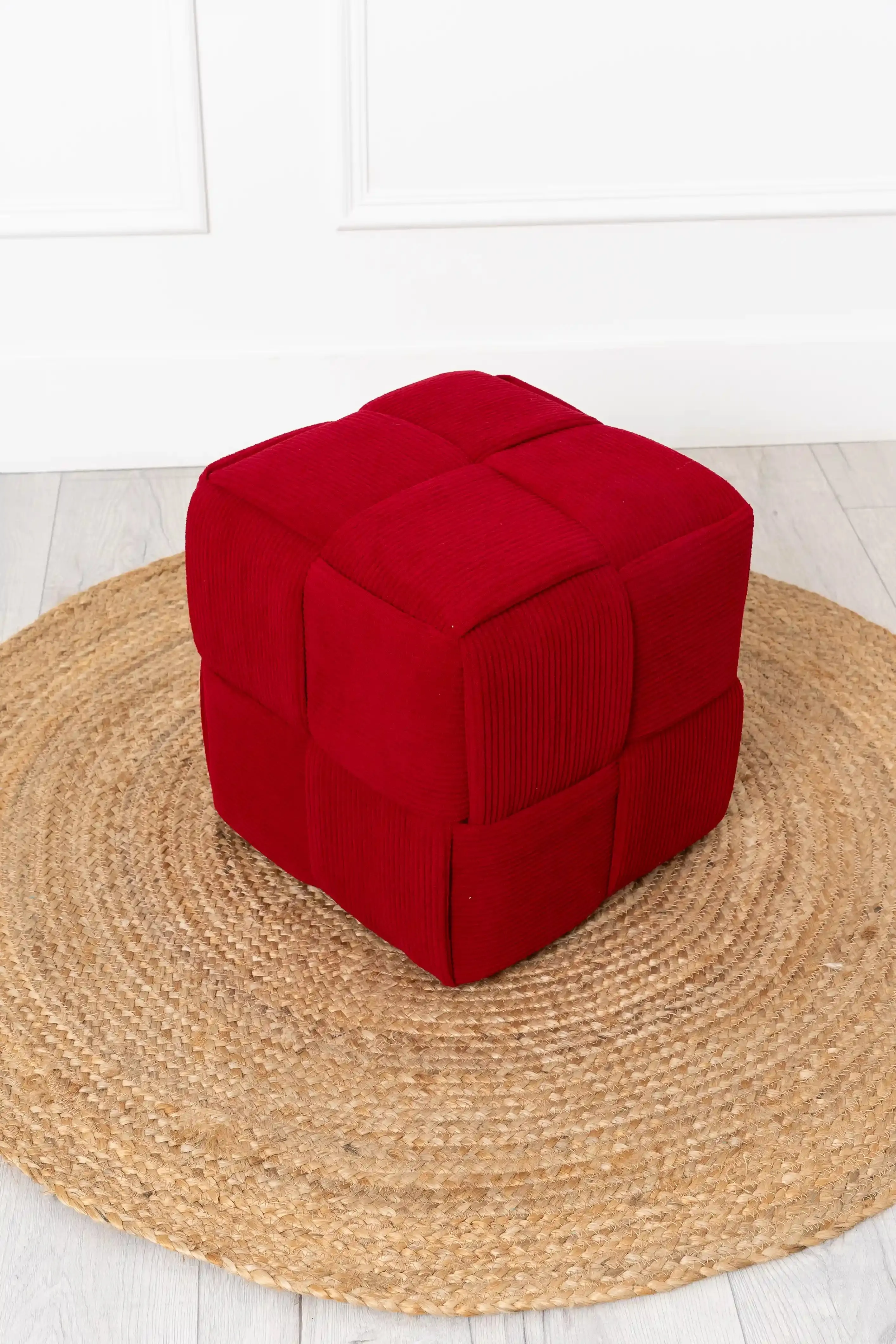 Burgundy Cord Fabric Wooden Ottoman Footstool