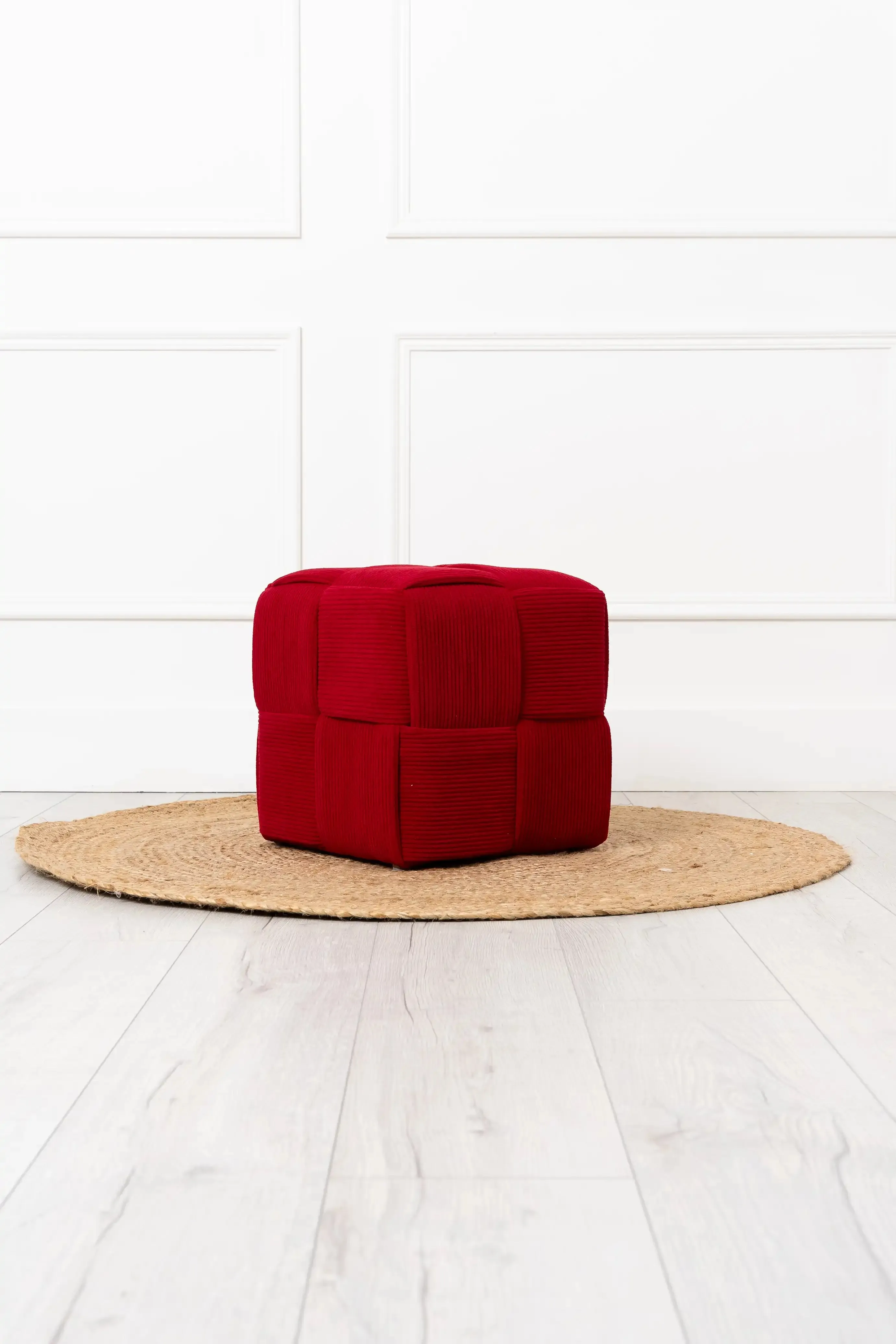 Burgundy Cord Fabric Wooden Ottoman Footstool