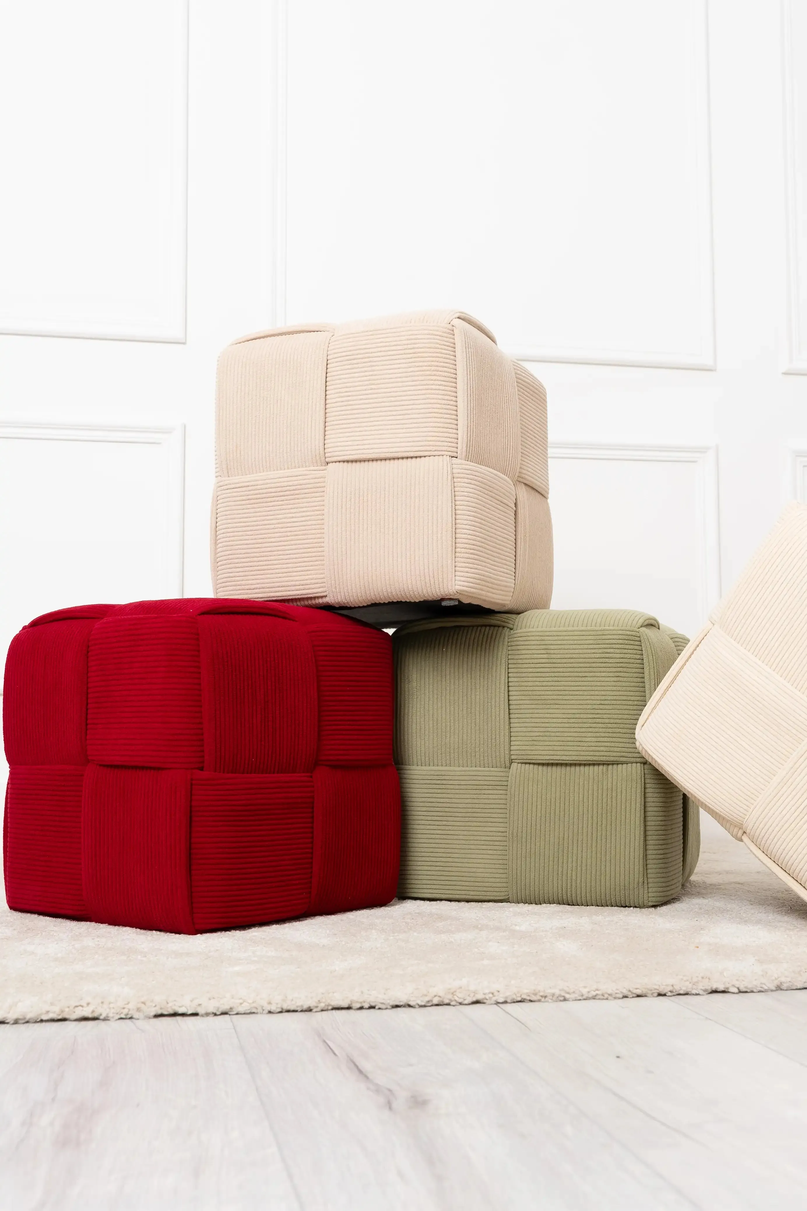 Burgundy Cord Fabric Wooden Ottoman Footstool