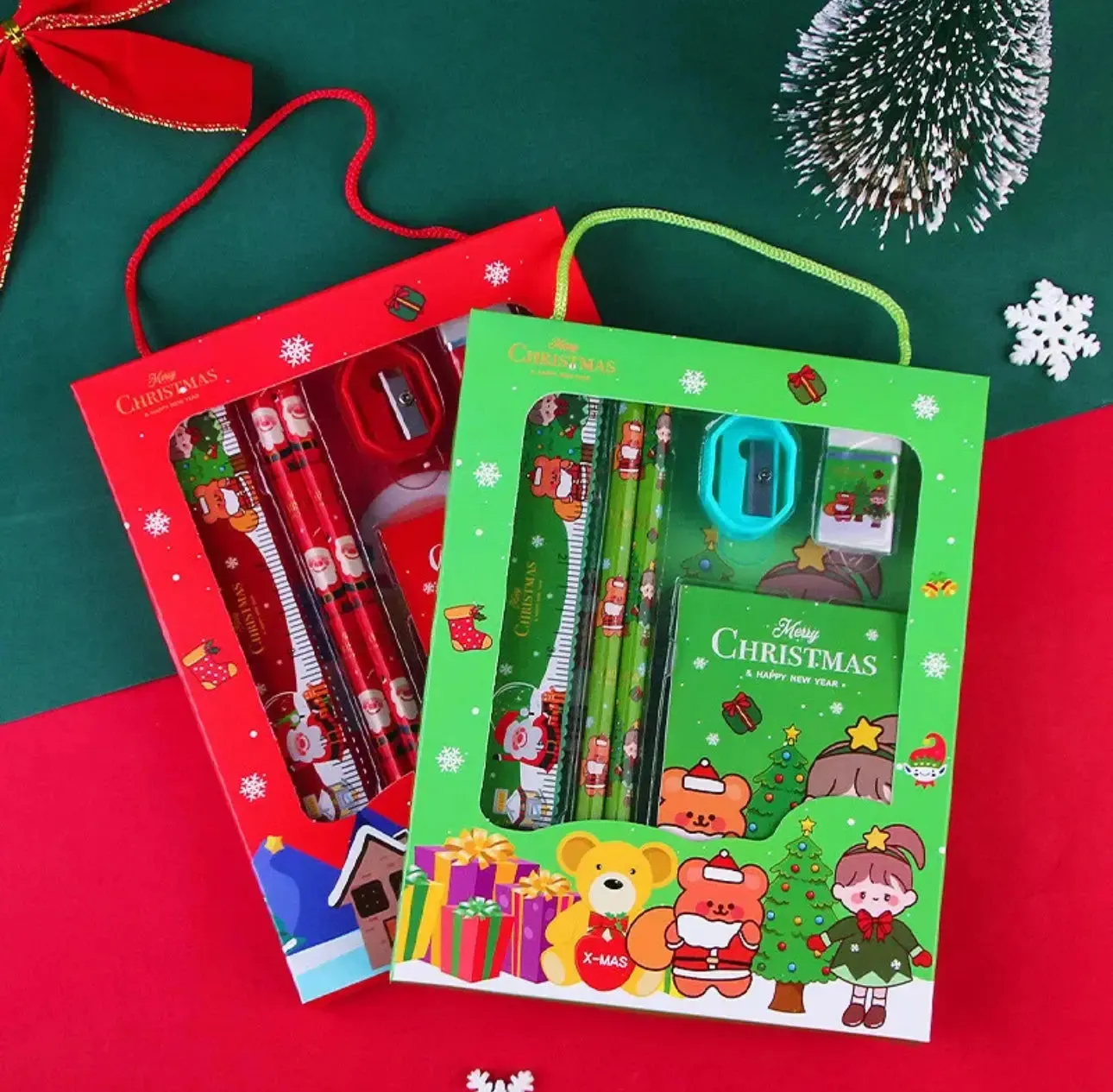 Christmas Red Children’s Stationery 6pcs set Pencil sharpener Eraser Ruler set gift for kids