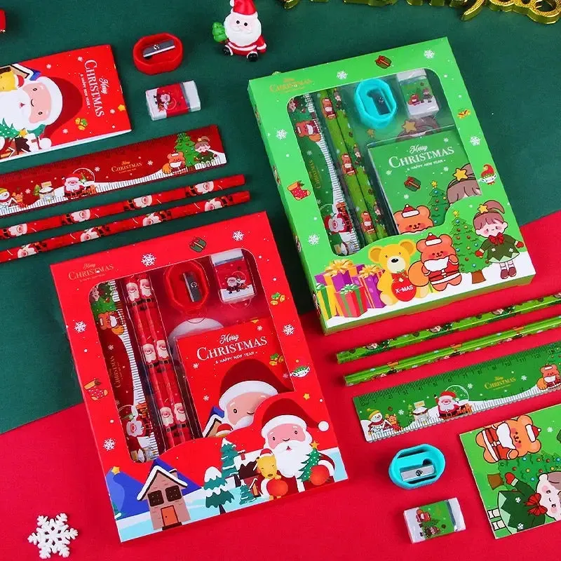 Christmas Red Children’s Stationery 6pcs set Pencil sharpener Eraser Ruler set gift for kids