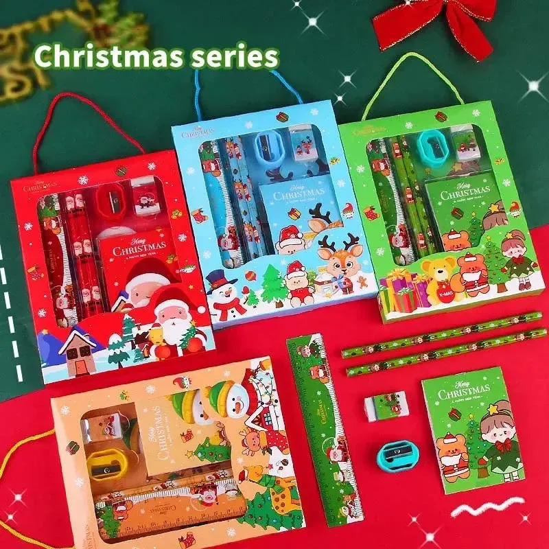 Christmas Red Children’s Stationery 6pcs set Pencil sharpener Eraser Ruler set gift for kids