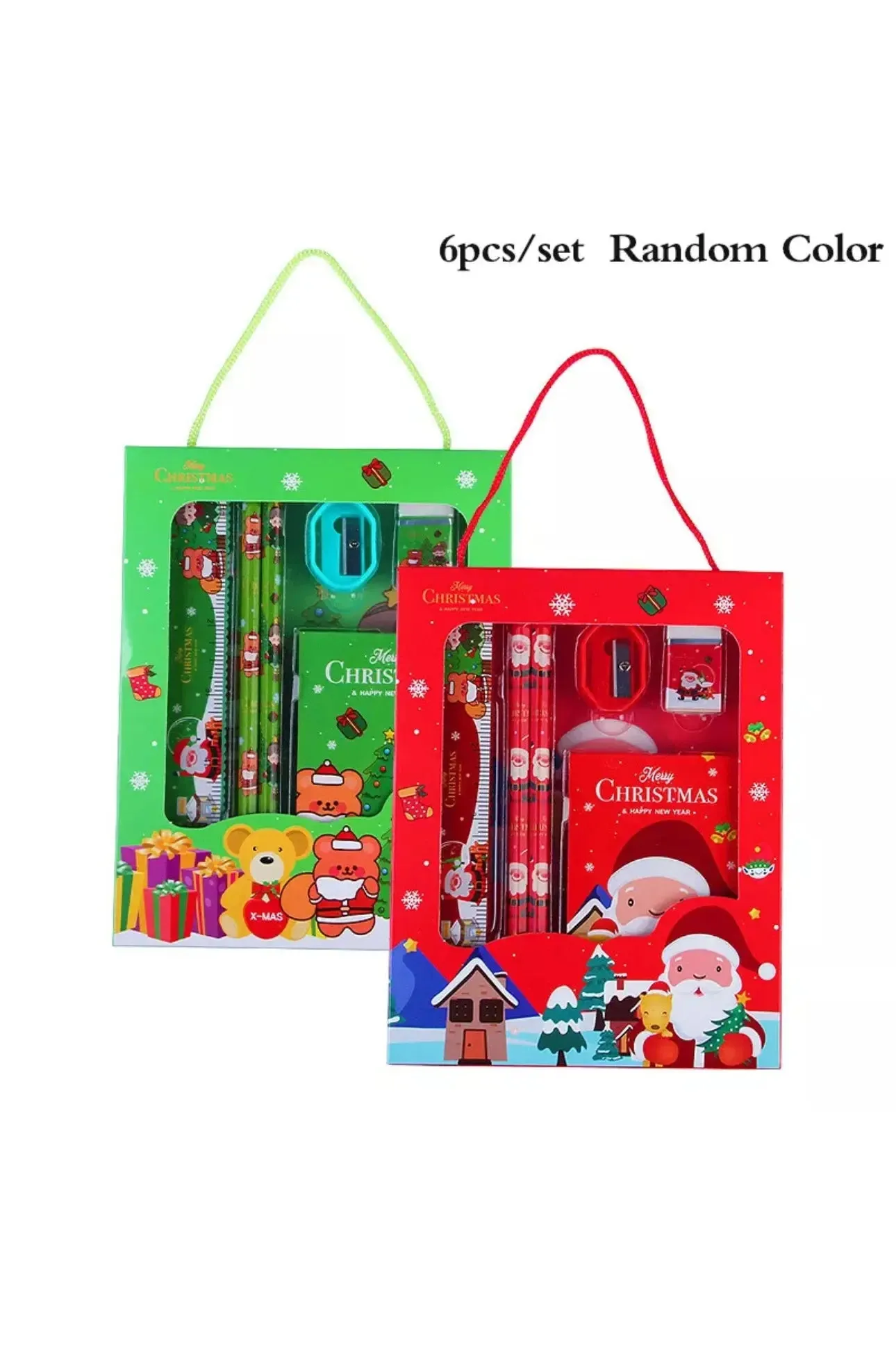 Christmas Red Children’s Stationery 6pcs set Pencil sharpener Eraser Ruler set gift for kids