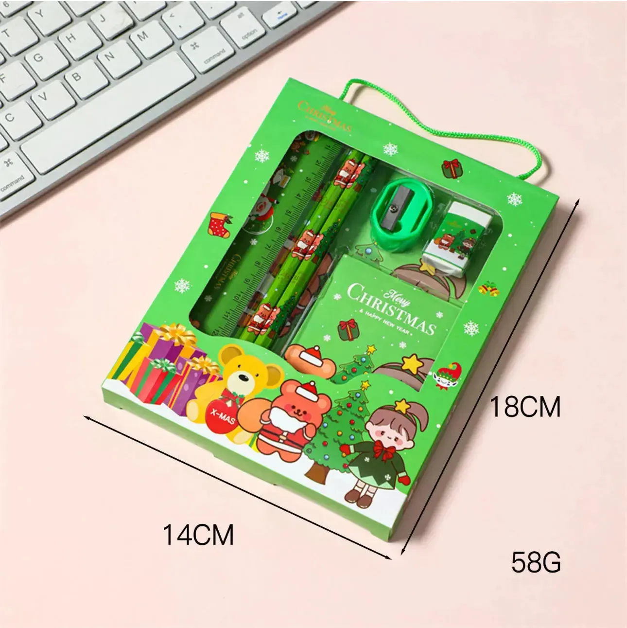 Christmas Red Children’s Stationery 6pcs set Pencil sharpener Eraser Ruler set gift for kids