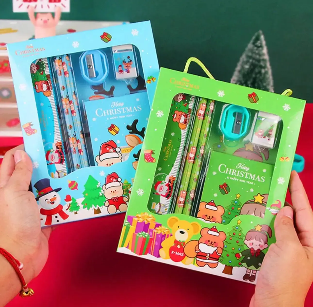 Christmas Red Children’s Stationery 6pcs set Pencil sharpener Eraser Ruler set gift for kids