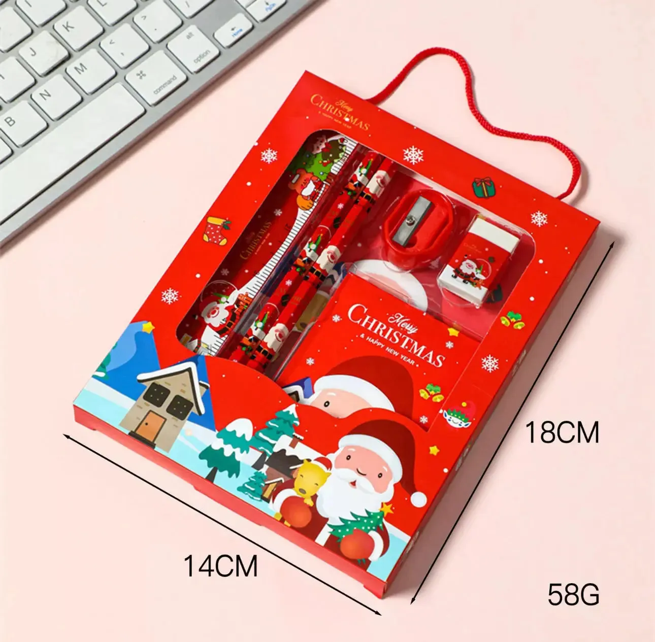 Christmas Red Children’s Stationery 6pcs set Pencil sharpener Eraser Ruler set gift for kids