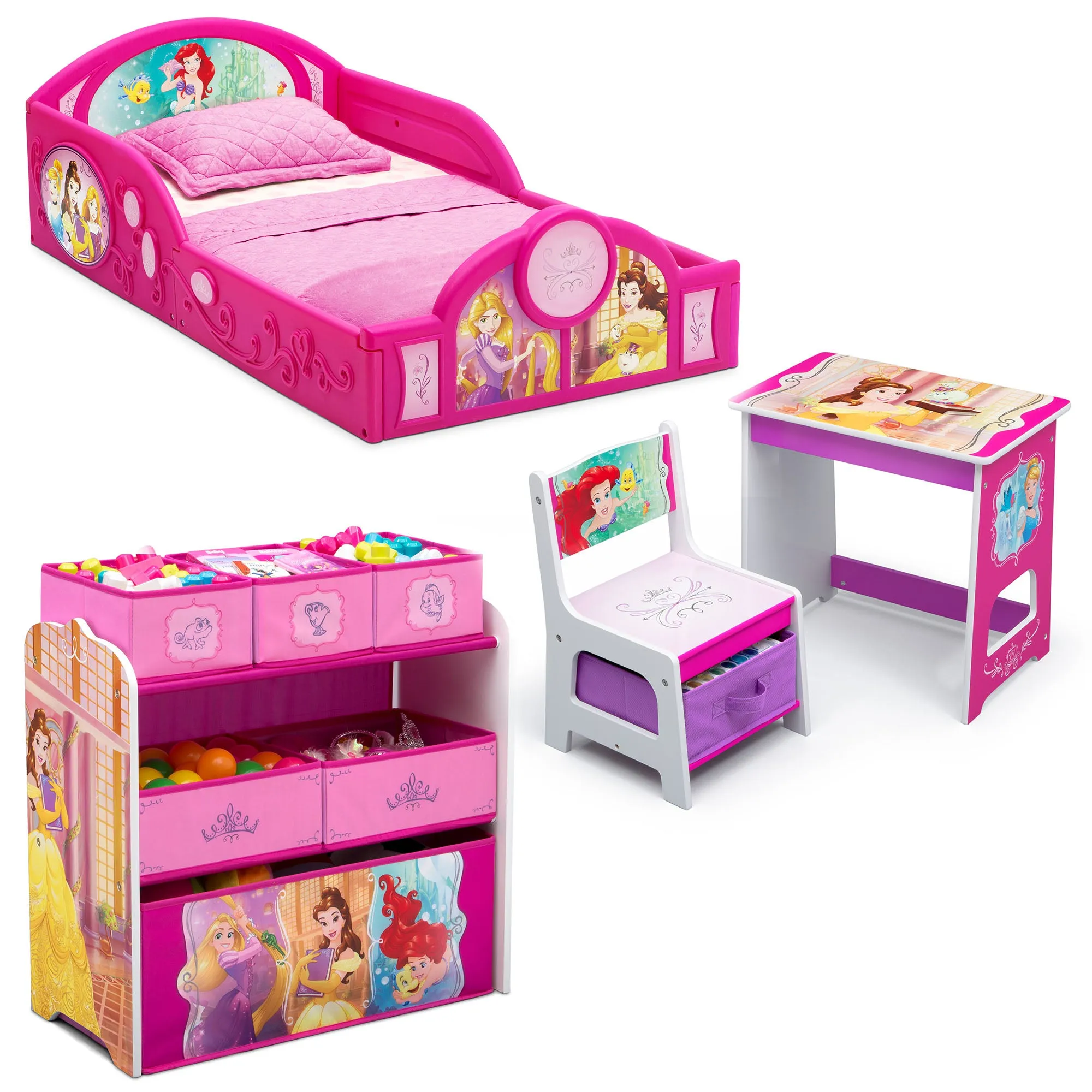 Disney Princess 4-Piece Room-in-a-Box Bedroom Set - Includes Toddler Bed, Toy Bin & Desk with Chair