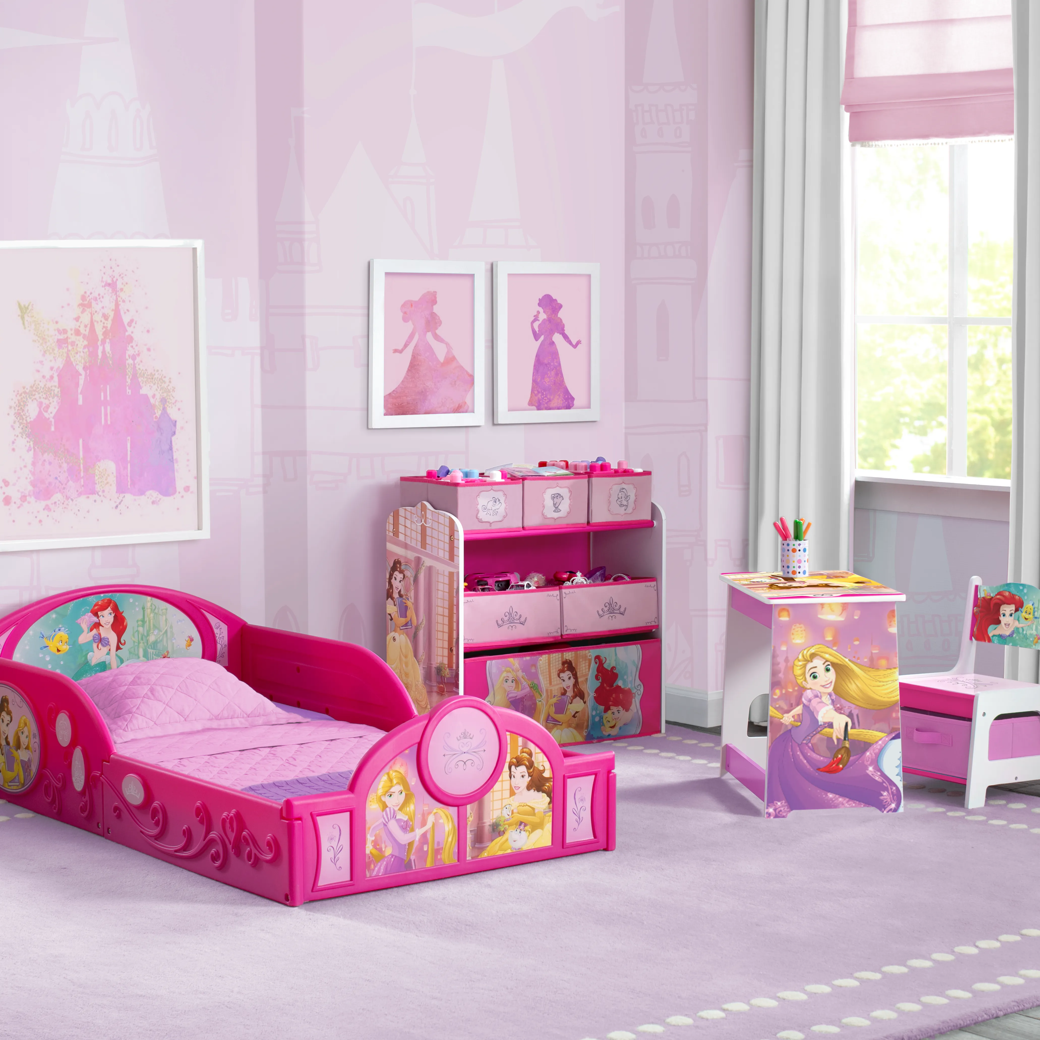 Disney Princess 4-Piece Room-in-a-Box Bedroom Set - Includes Toddler Bed, Toy Bin & Desk with Chair