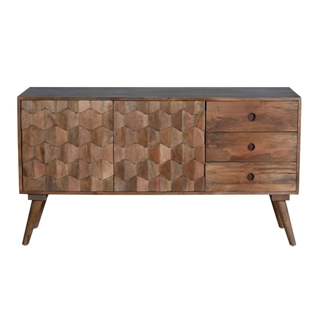 Ero 55 Inch Sideboard Buffet Cabinet, 2 Honeycomb Inlaid Doors, Mango Wood, Natural Brown By The Urban Port