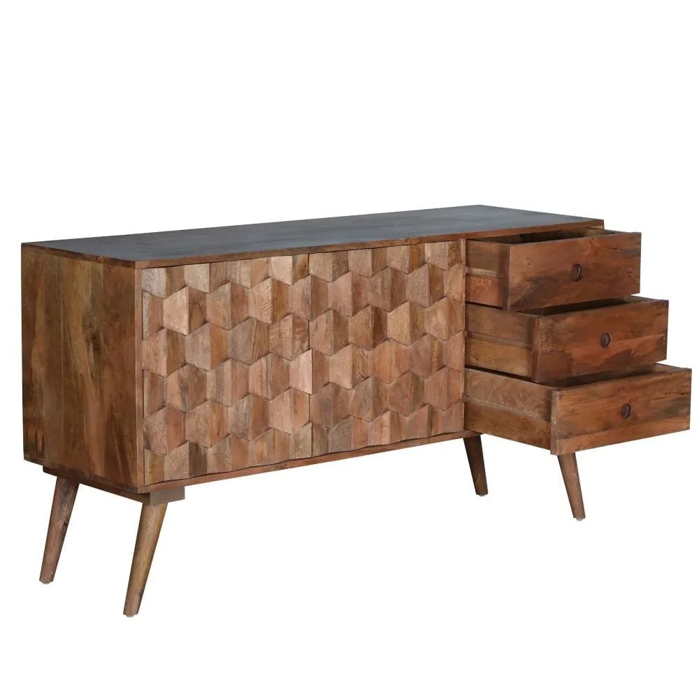 Ero 55 Inch Sideboard Buffet Cabinet, 2 Honeycomb Inlaid Doors, Mango Wood, Natural Brown By The Urban Port