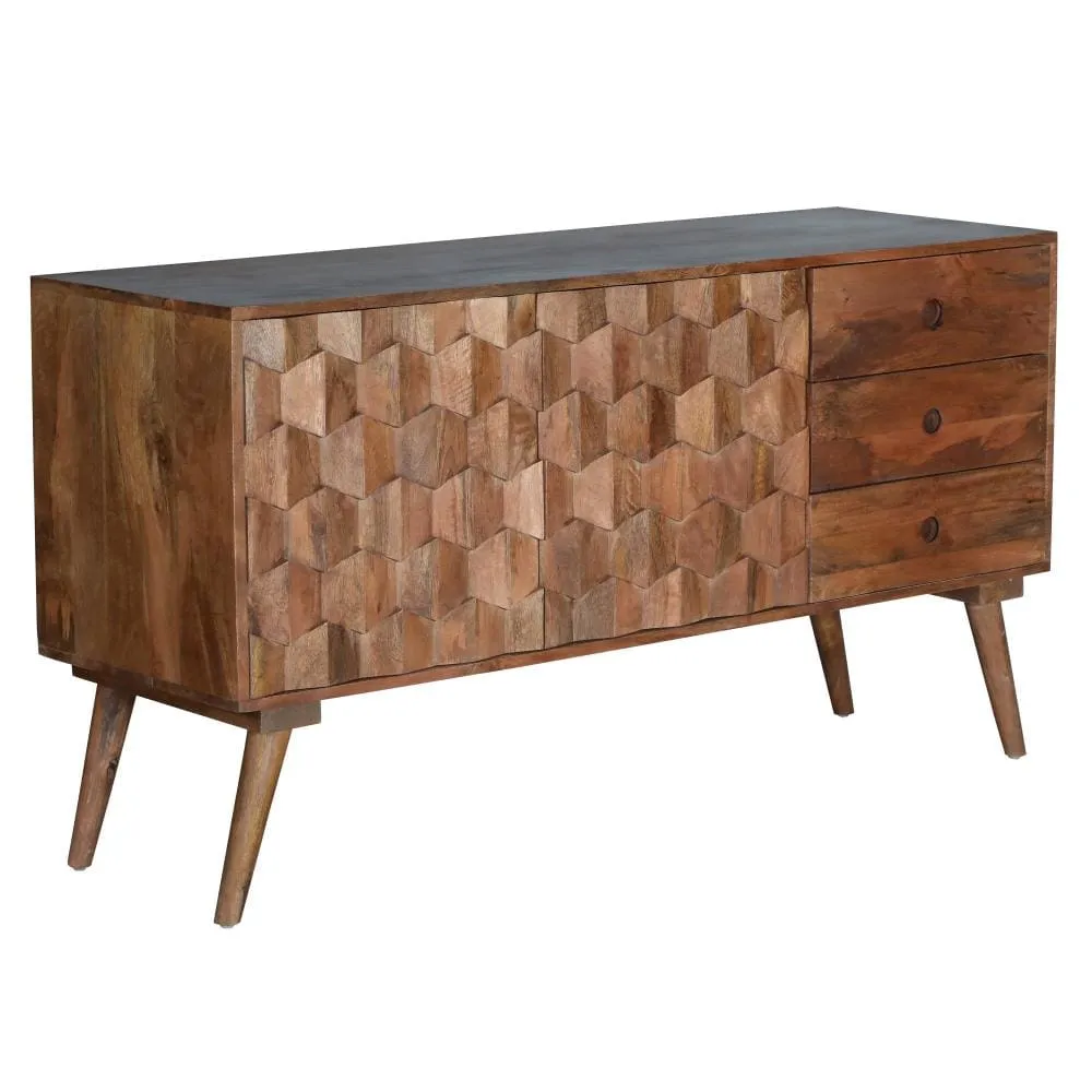 Ero 55 Inch Sideboard Buffet Cabinet, 2 Honeycomb Inlaid Doors, Mango Wood, Natural Brown By The Urban Port