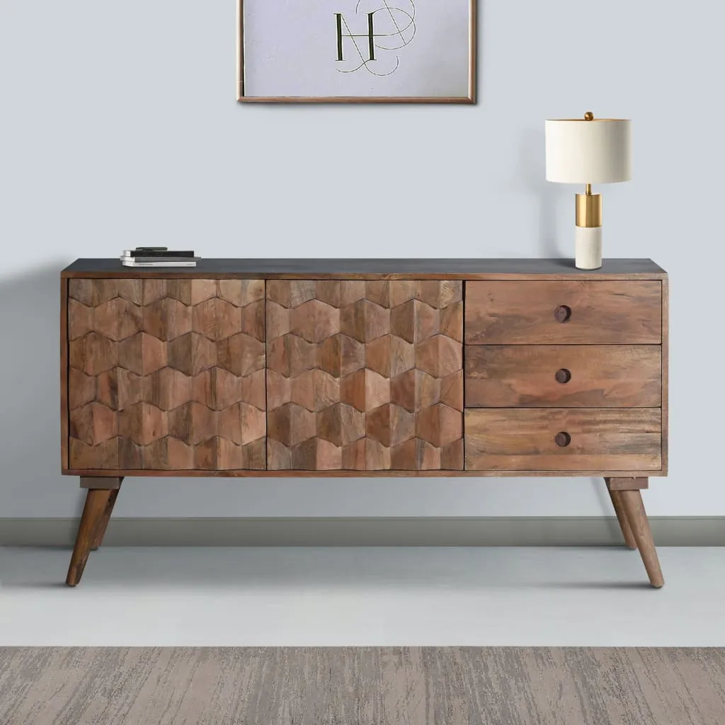 Ero 55 Inch Sideboard Buffet Cabinet, 2 Honeycomb Inlaid Doors, Mango Wood, Natural Brown By The Urban Port