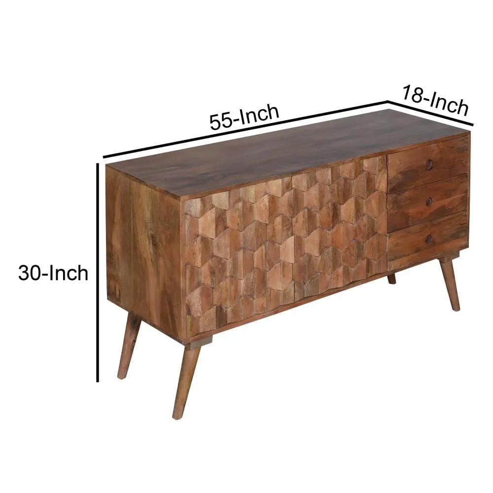 Ero 55 Inch Sideboard Buffet Cabinet, 2 Honeycomb Inlaid Doors, Mango Wood, Natural Brown By The Urban Port