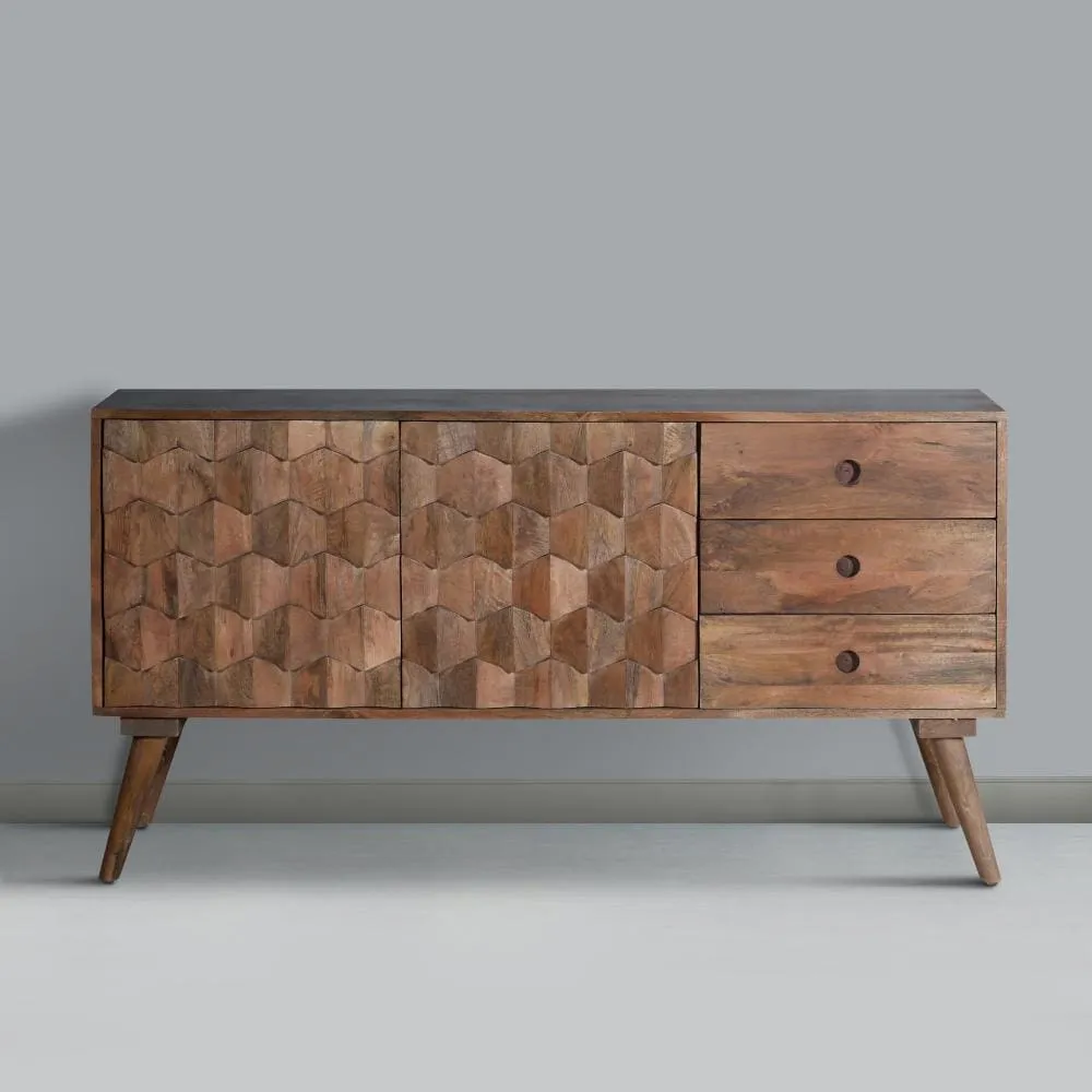 Ero 55 Inch Sideboard Buffet Cabinet, 2 Honeycomb Inlaid Doors, Mango Wood, Natural Brown By The Urban Port