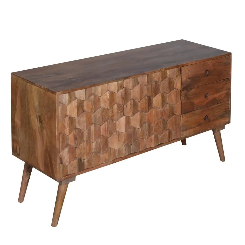 Ero 55 Inch Sideboard Buffet Cabinet, 2 Honeycomb Inlaid Doors, Mango Wood, Natural Brown By The Urban Port