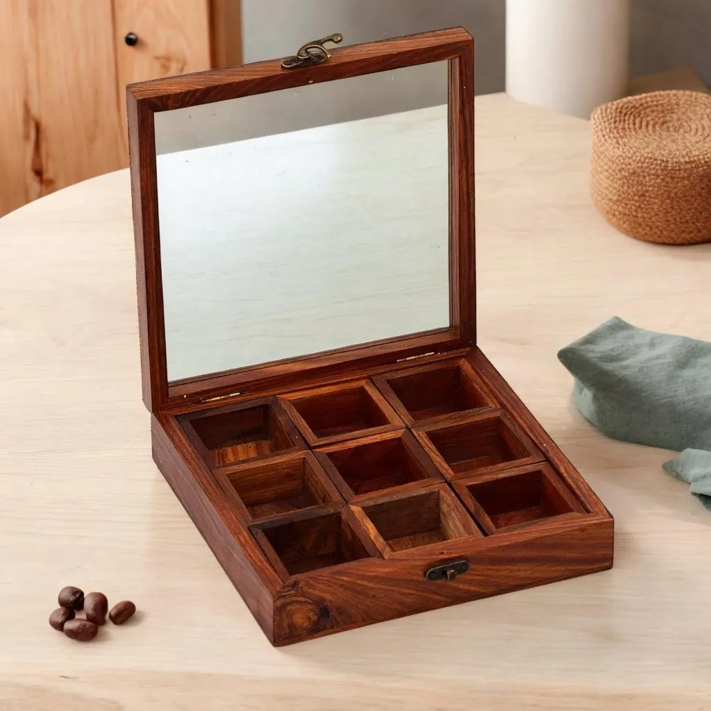 Handmade Square Masala Spice Box 9 Compartments with Small Spoon