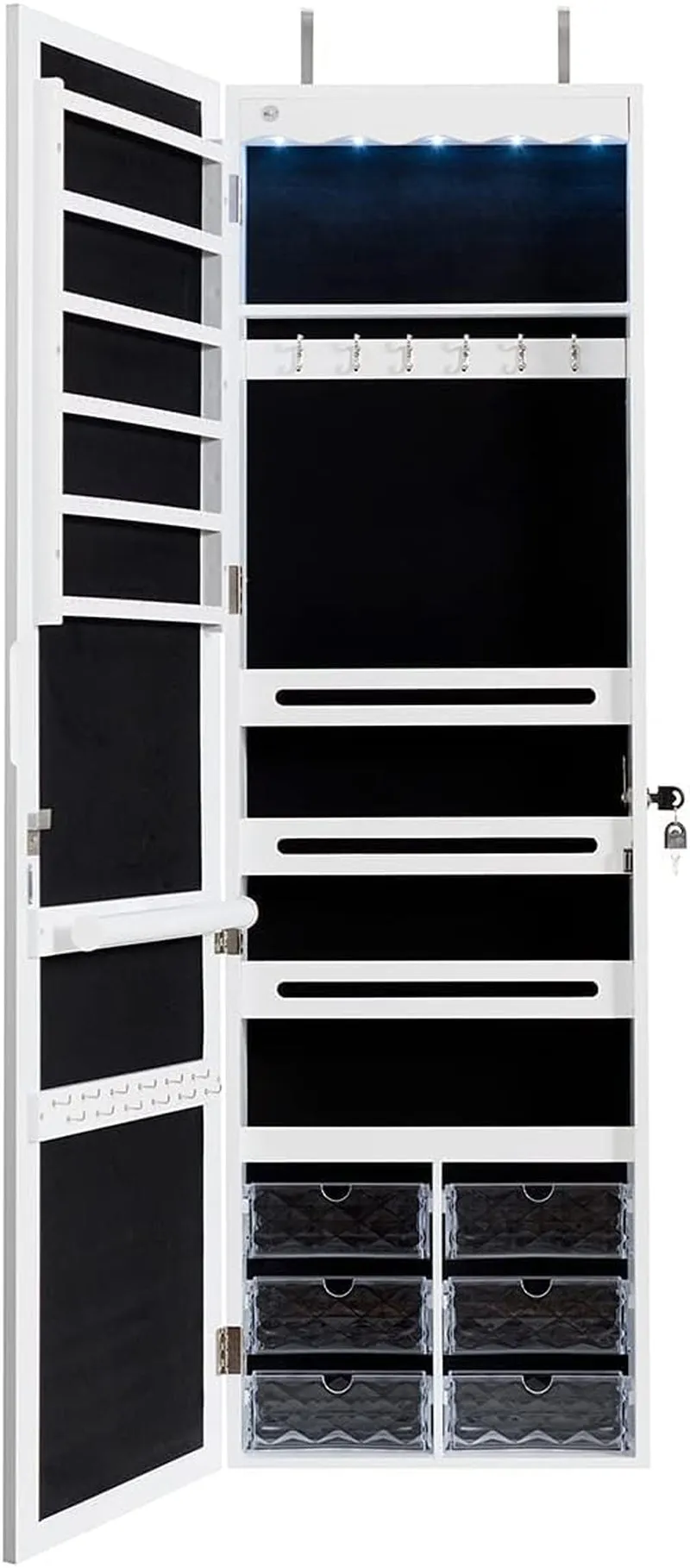 Jewelry Cabinet Armoire, Wall Mount Door Hanging, Lockable Jewelry Organizer with 47.5'' Full Length Mirror, 5 Lights, Large Jewelry Storage Box with 6 Acrylic Drawers (White)