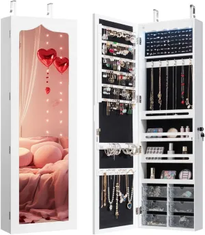 Jewelry Cabinet Armoire, Wall Mount Door Hanging, Lockable Jewelry Organizer with 47.5'' Full Length Mirror, 5 Lights, Large Jewelry Storage Box with 6 Acrylic Drawers (White)