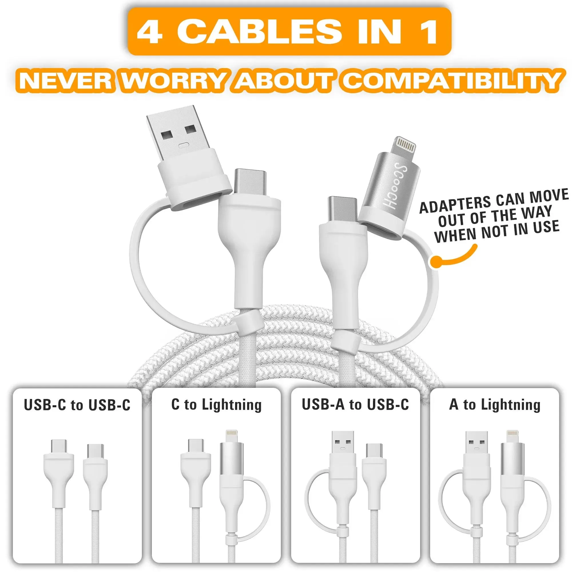 JuiceCord 4-in-1 - 60W Charging Cable (4FT) with USB-A, USB-C, and Lightning