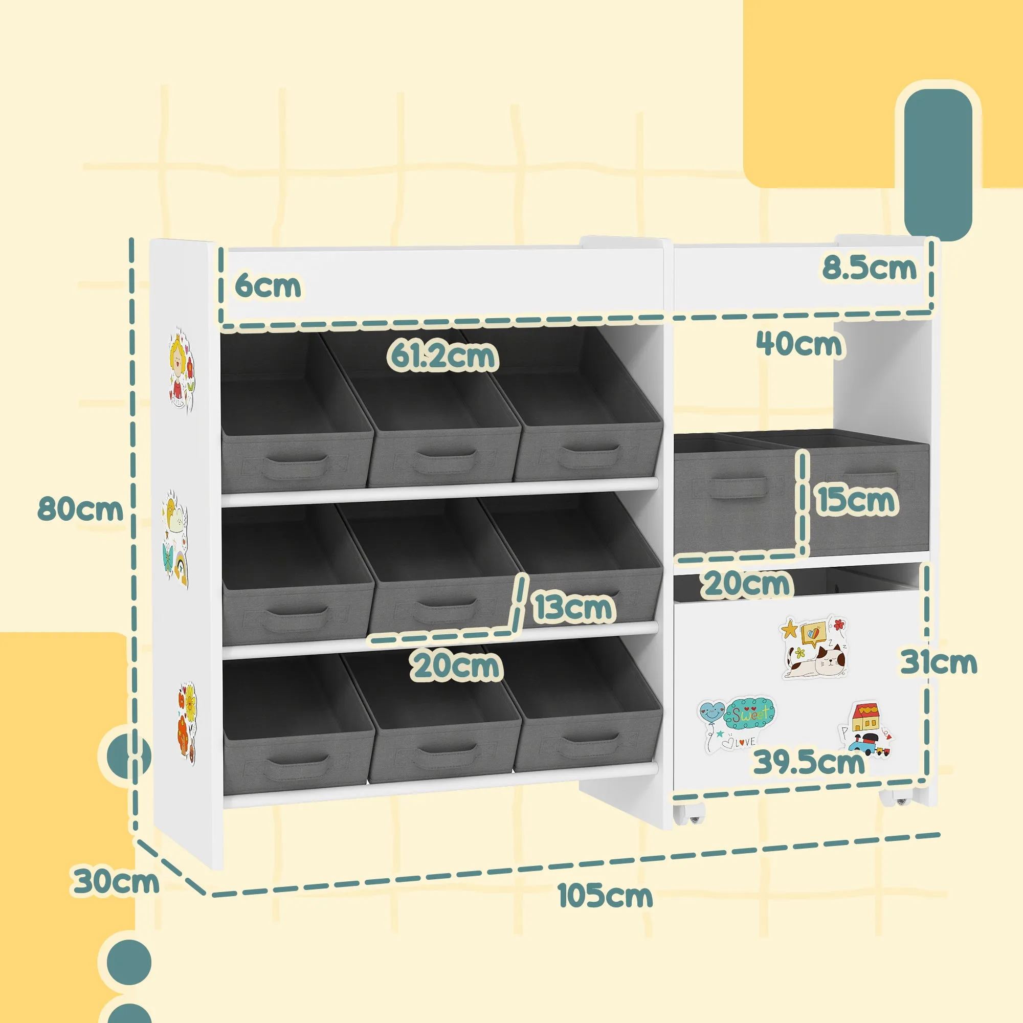 Kids Toy Storage Unit with 11 Fabric Bins, 3 Stickers, White