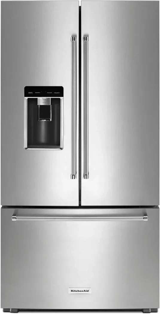 KitchenAid KRFC704FPS 36 Inch Counter-Depth French Door Refrigerator with 23.8 cu. ft. Capacity, 3 Glass Shelves, Gallon Door Bins, Preserva® Food Care System, Exterior Ice/Water Dispenser, and Auto Icemaker: Stainless Steel