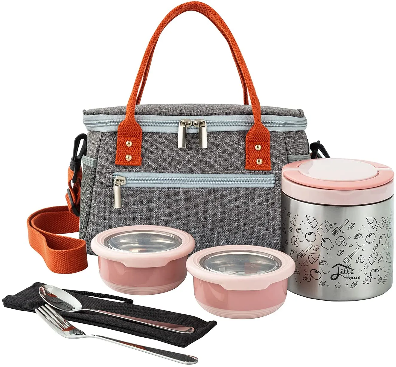 Lille Home Lunch Box Set, A Vacuum Insulated Bento/Snack Box Keeping Food Warm for 4-6 Hours, Two Stainless Steel Food Containers, A Lunch Bag, A Portable Cutlery Set (Pink)