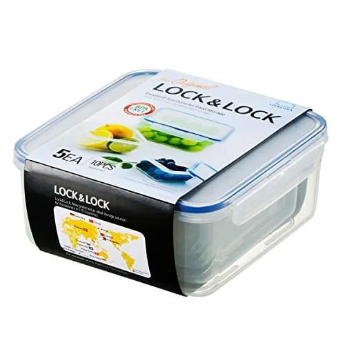 LocknLock Easy Essentials Food Storage lids/Airtight containers, BPA Free, 10 Piece - Square, Clear