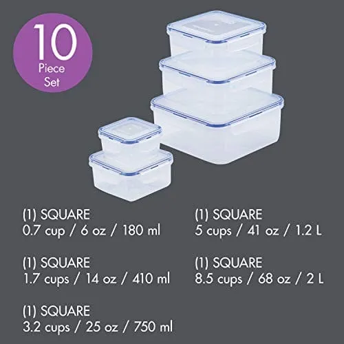 LocknLock Easy Essentials Food Storage lids/Airtight containers, BPA Free, 10 Piece - Square, Clear