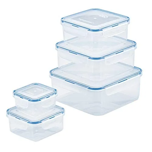 LocknLock Easy Essentials Food Storage lids/Airtight containers, BPA Free, 10 Piece - Square, Clear