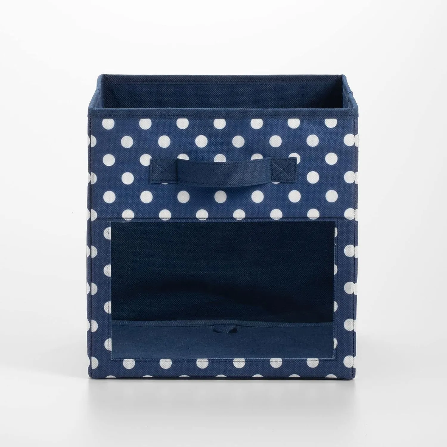 Mdesign Fabric Nursery/Playroom Closet Storage Organizer Bin Box, Front Handle/Window for Cube Furniture Shelving Unit, Hold Toys, Clothes, Diapers, Bibs, 4 Pack, Navy Blue/White Polka Dot