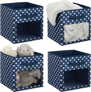 Mdesign Fabric Nursery/Playroom Closet Storage Organizer Bin Box, Front Handle/Window for Cube Furniture Shelving Unit, Hold Toys, Clothes, Diapers, Bibs, 4 Pack, Navy Blue/White Polka Dot