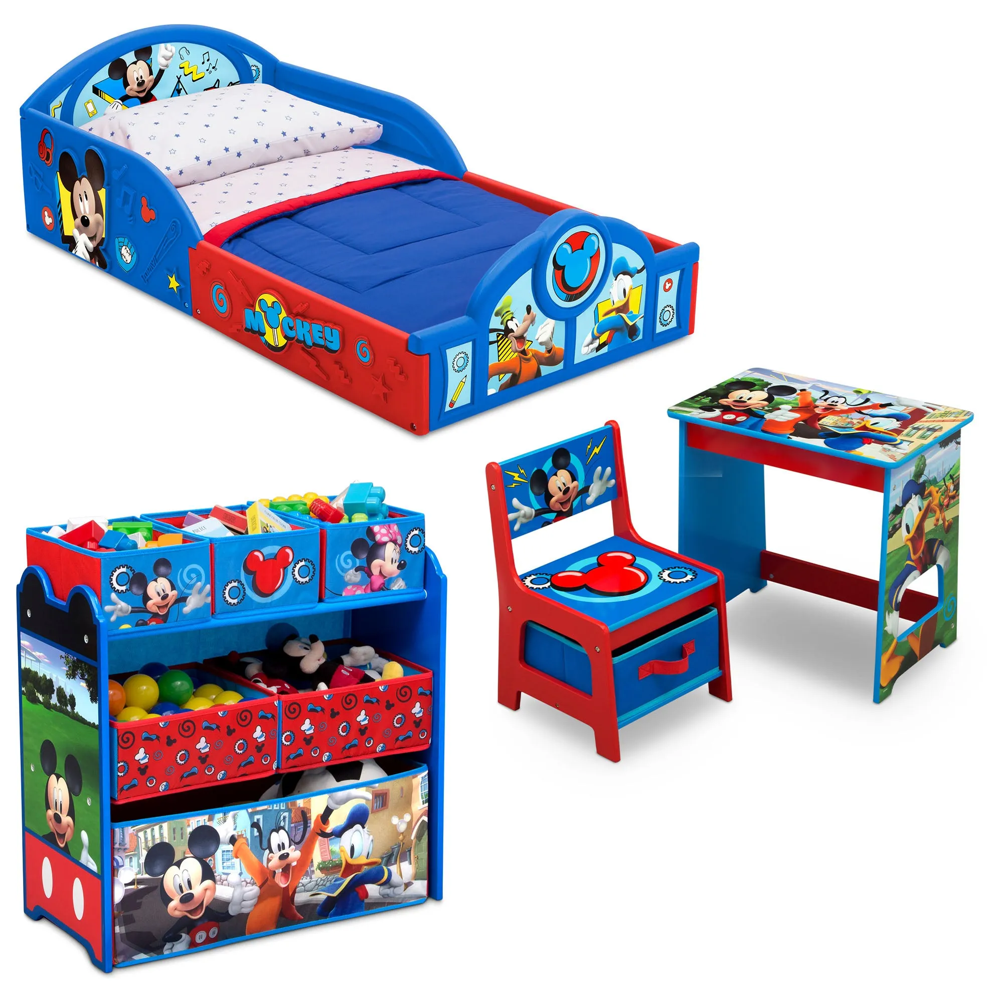 Mickey Mouse 4-Piece Room-in-a-Box Bedroom Set - Includes Toddler Bed, Toy Bin & Desk with Chair