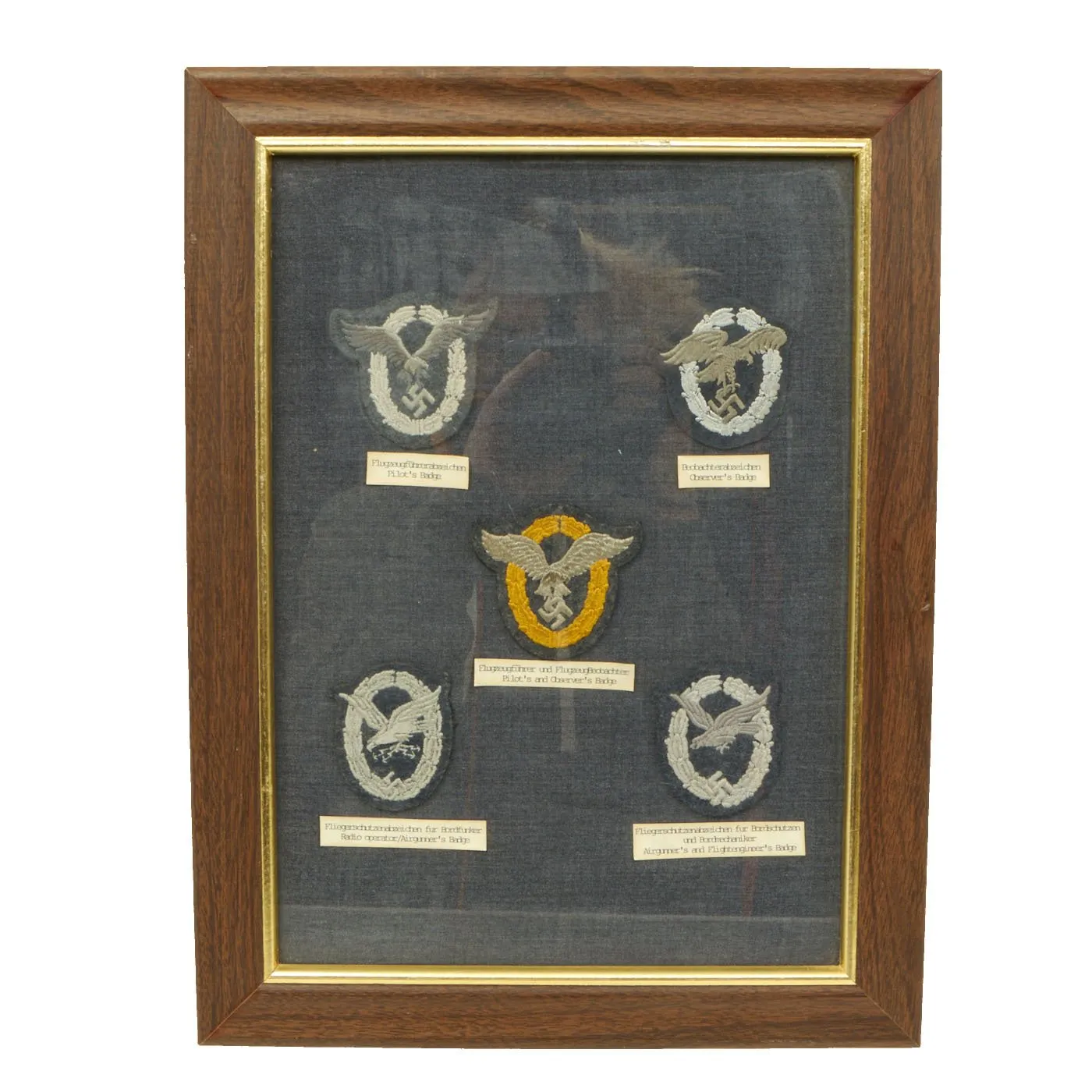 Original German WWII Luftwaffe Bomber Air Crew Embroidered Cloth Badge Collection in Frame - 5 Badges