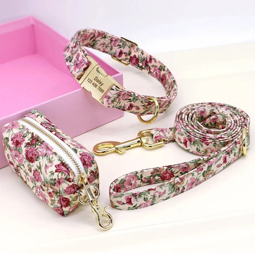 Personalized Dog Collar Leash With Bag Nylon Printed Pet ID Collars Lead Rope Portable Dogs Travel Bag for Snack Whistle Key