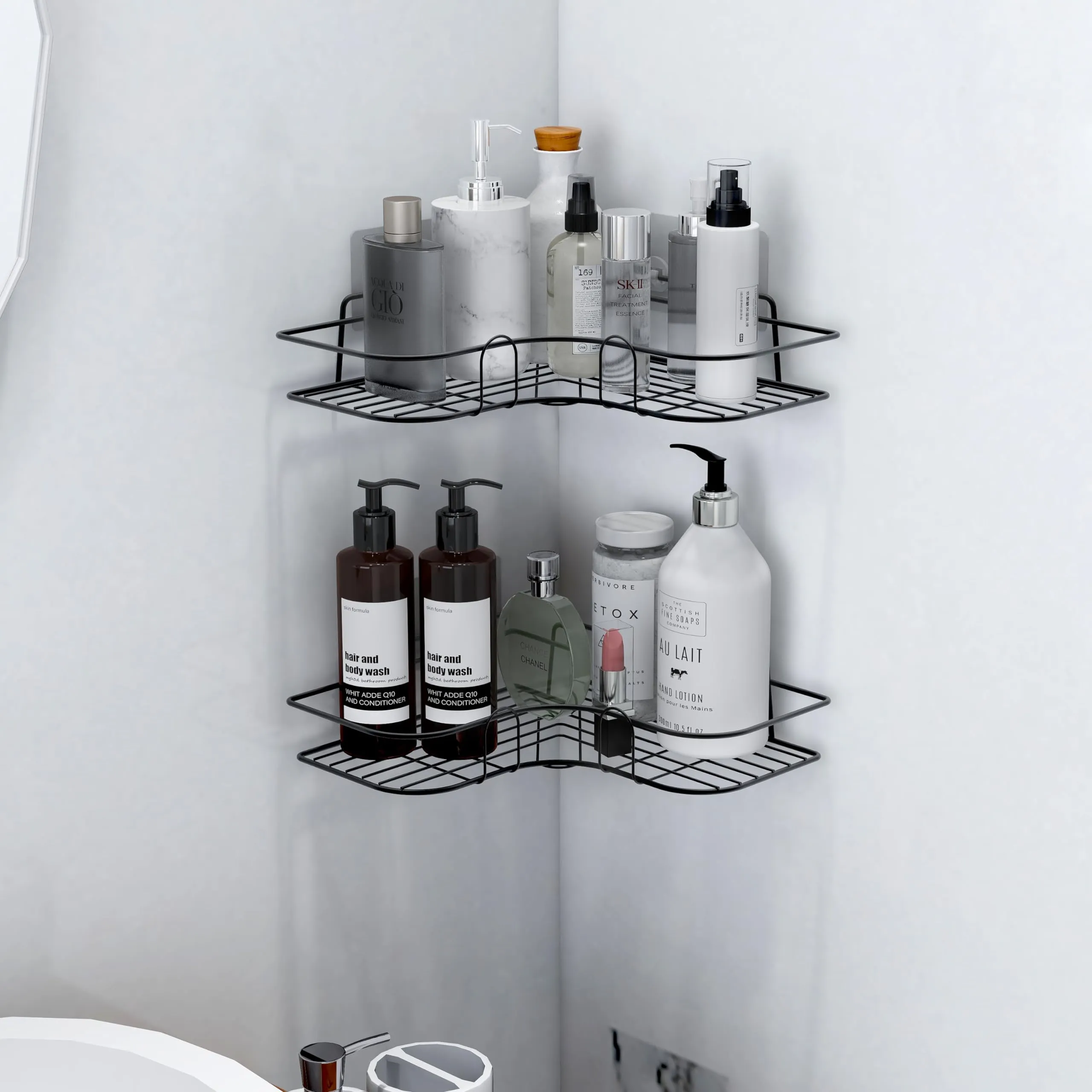 Plantex 2 Self-Adhesive Shelves for Corner Walls for Bathroom Organizer - Bathrom Corner Shelf with Magic Sticker (Black) Metal