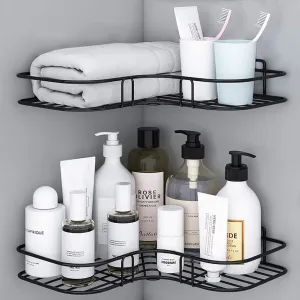 Plantex 2 Self-Adhesive Shelves for Corner Walls for Bathroom Organizer - Bathrom Corner Shelf with Magic Sticker (Black) Metal